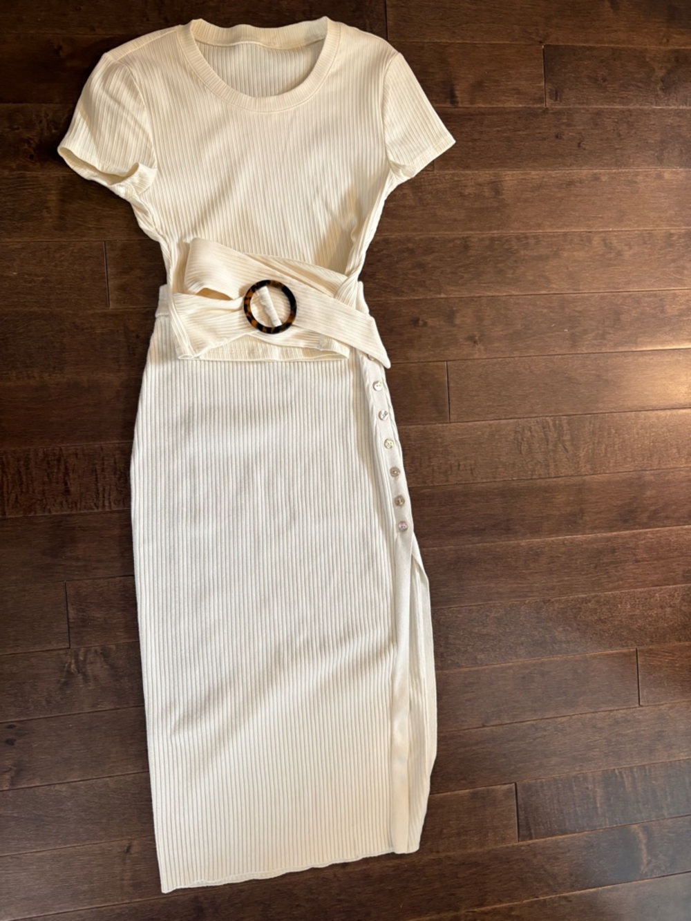 Ribbed Cream Short Sleeve Belted Midi Matching Set